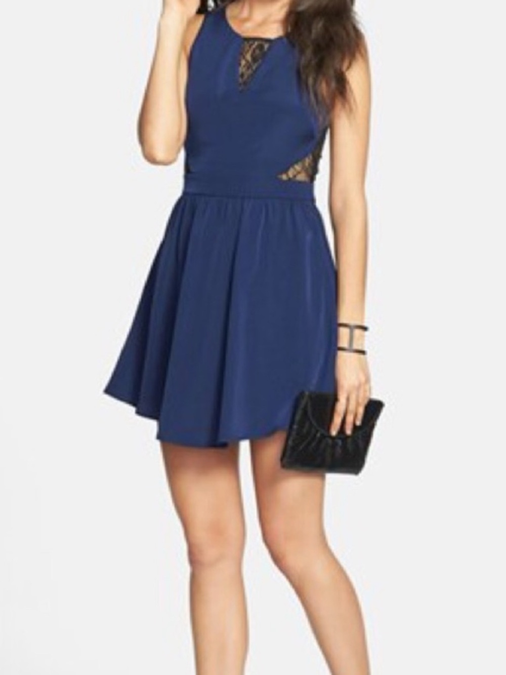 Lush Navy Lace-Panel Skater Dress